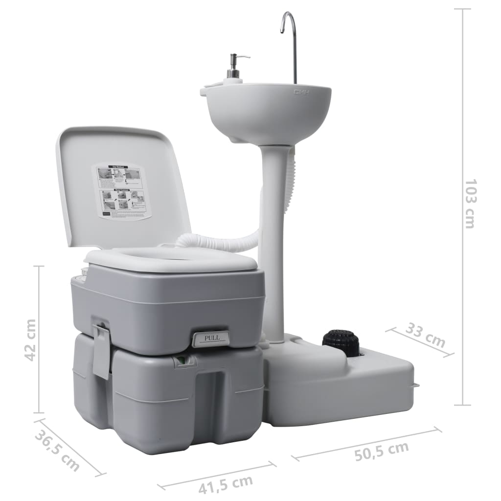 vidaXL Set de lavabo con pedestal e inodoro portátil para camping gris
