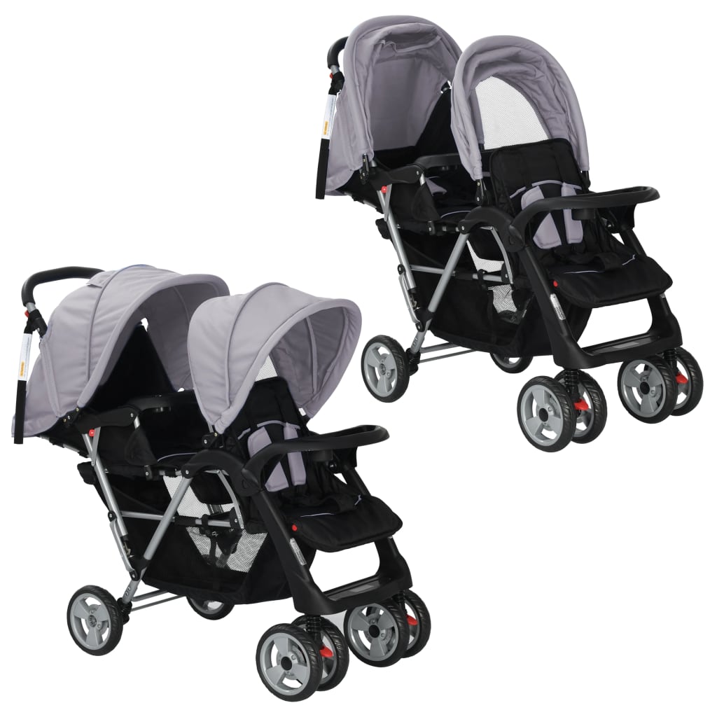 vidaXL Carrito para dos bebés tandem gemelos gris y negro de acero
