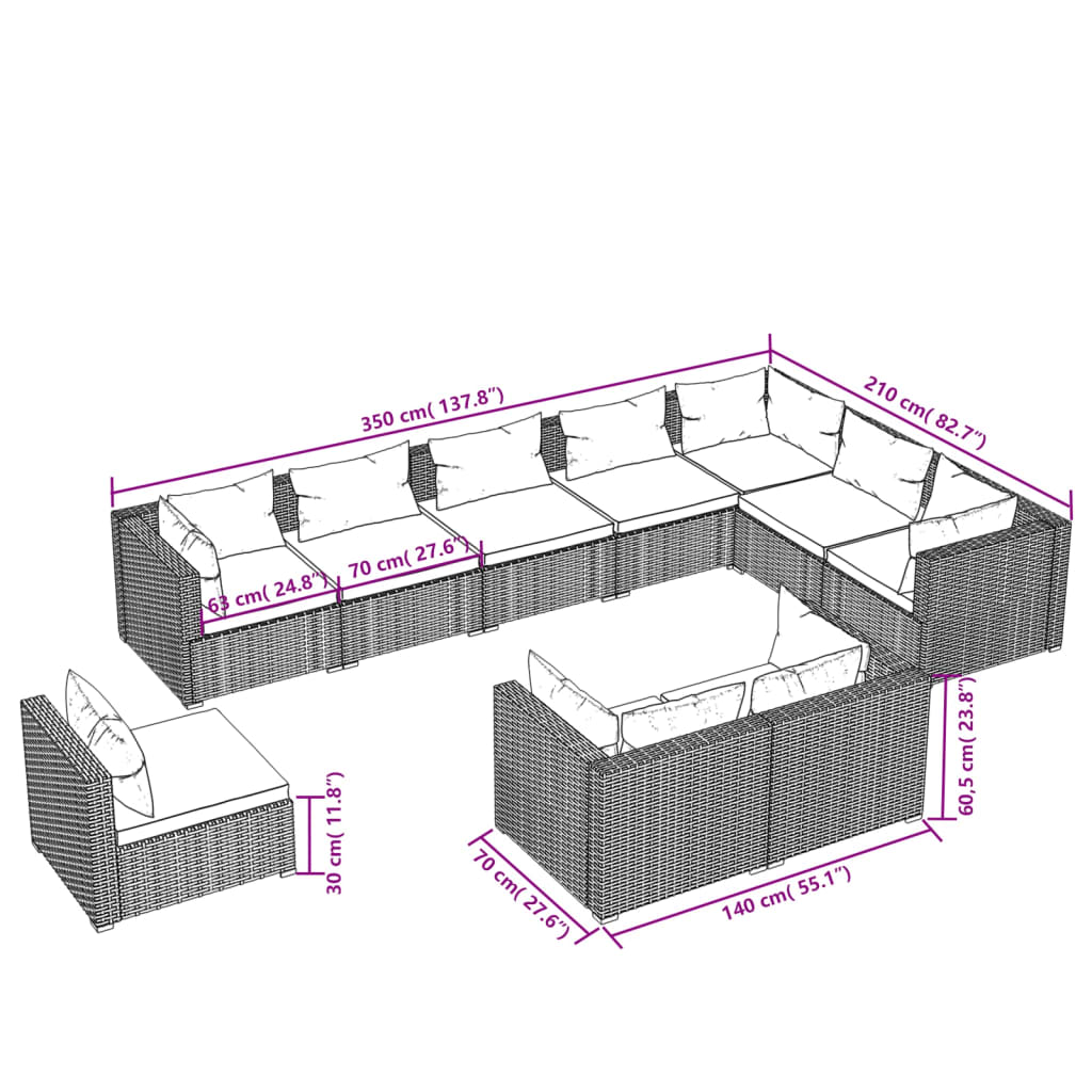 vidaXL Set de muebles de jardín 10 pzs y cojines ratán sintético negro
