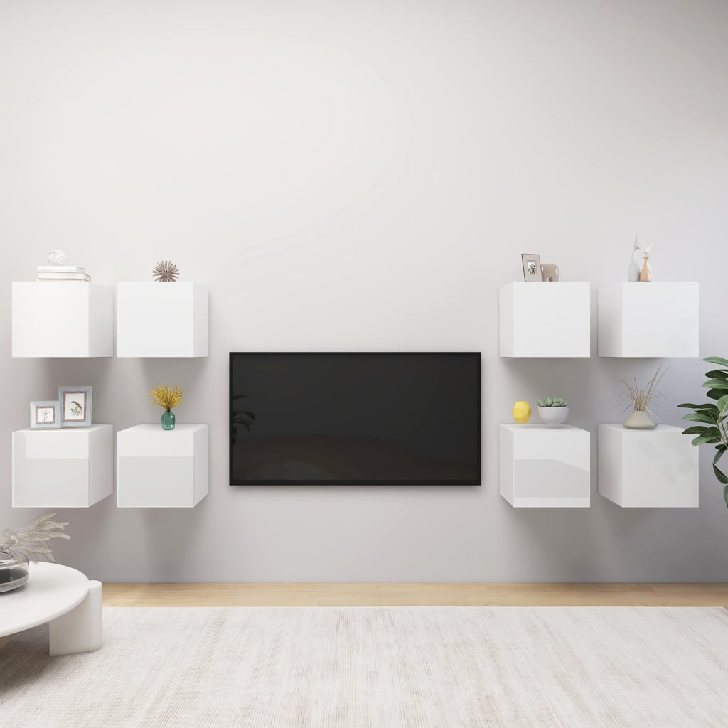 vidaXL Muebles de pared para TV 8 uds blanco brillo 30,5x30x30 cm