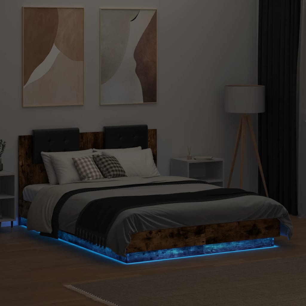 vidaXL Estructura de cama cabecero luces LED roble ahumado 140x190 cm