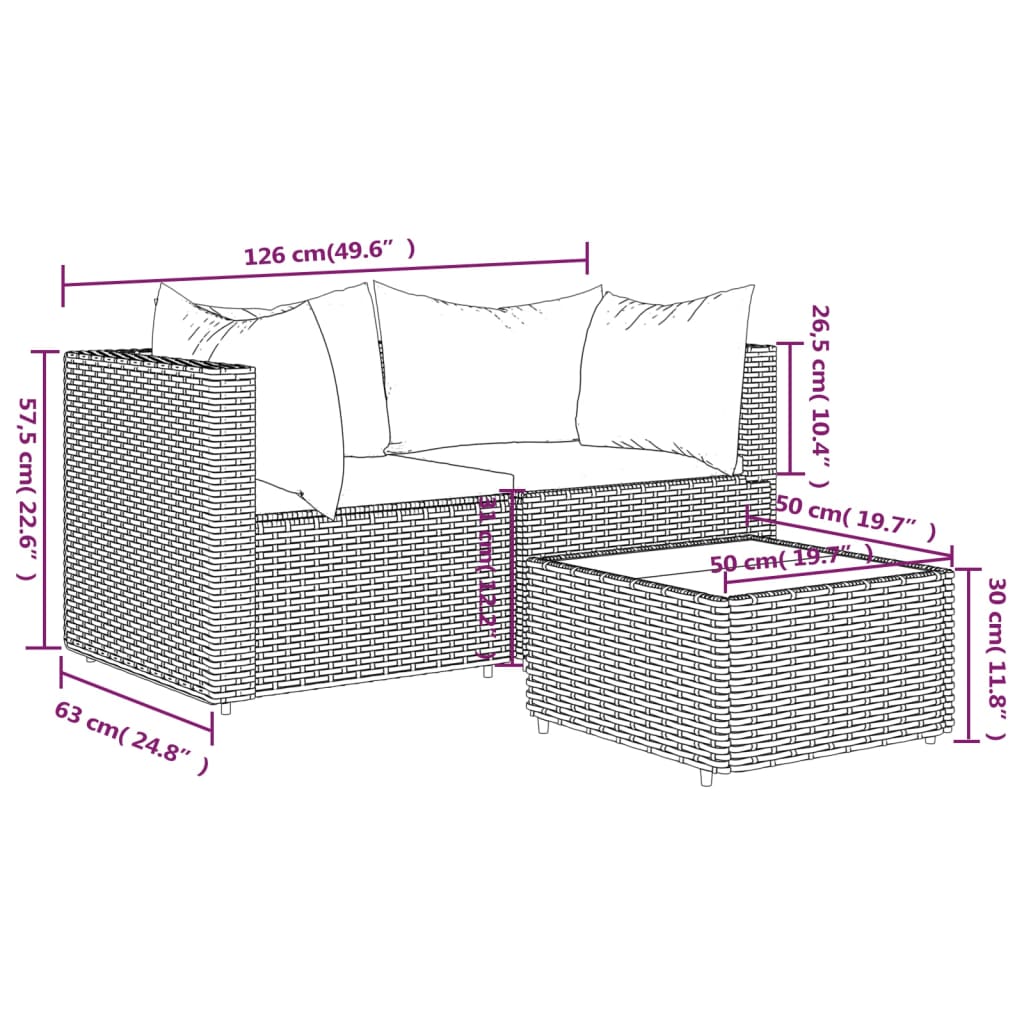 vidaXL Set de muebles de jardín 3 pzas y cojines ratán sintético gris