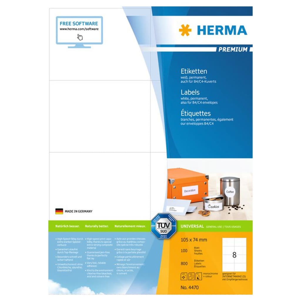 HERMA Etiquetas permanentes PREMIUM 100 hojas A4 105x74 mm