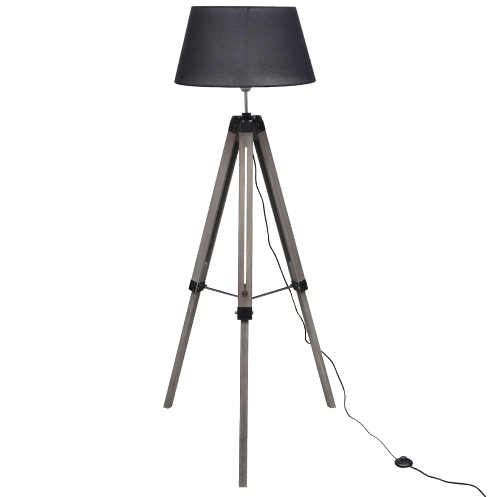 Lámpara de pie ajustable de madera tipo trípode con pantalla negra