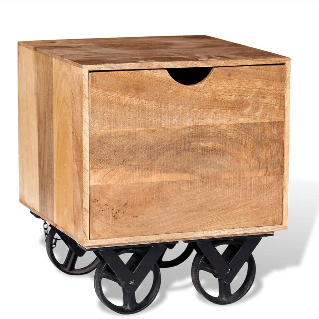 vidaXL Mesa auxiliar con cajón ruedas madera de mango 40x40x45 cm