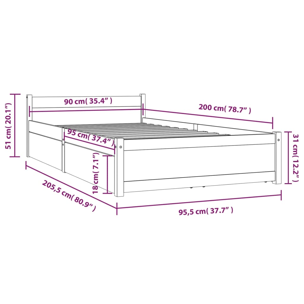 vidaXL Estructura de cama con cajones 90x200 cm