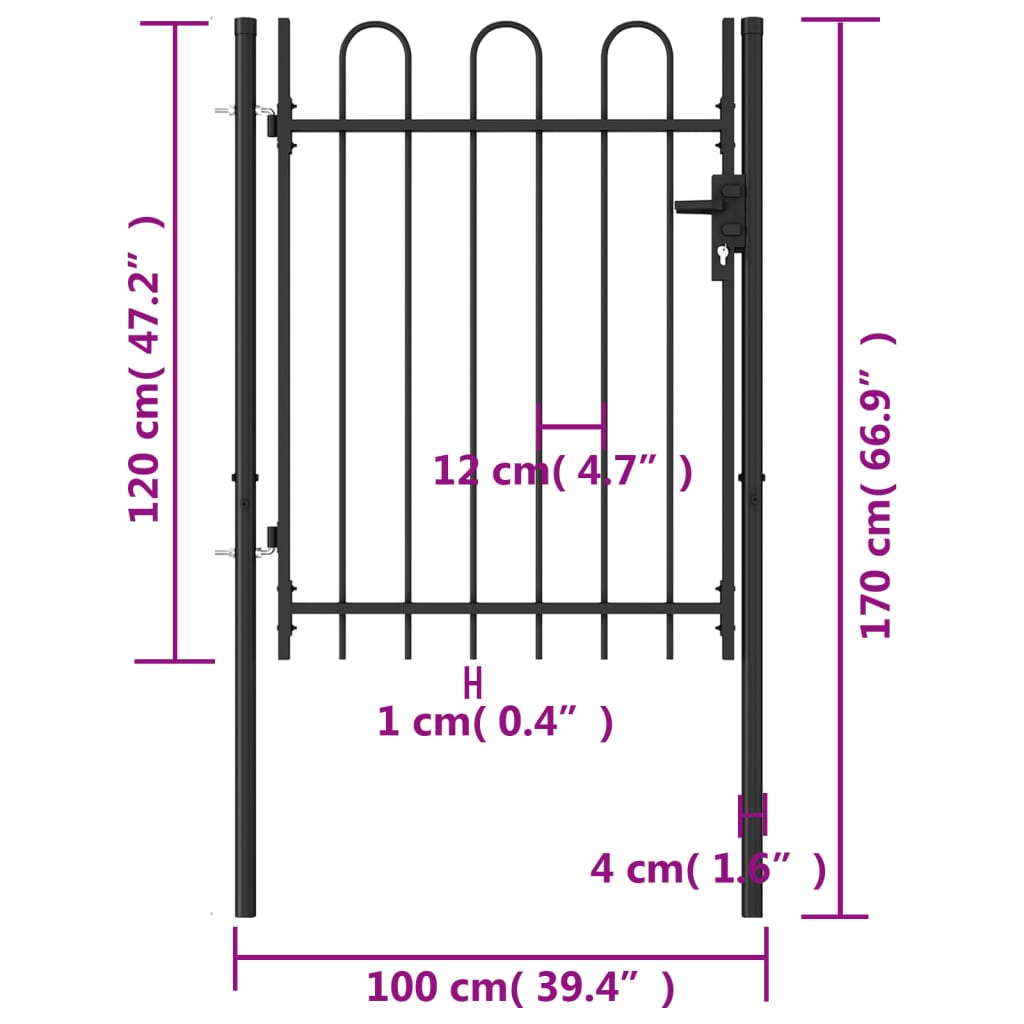 vidaXL Cancela de valla con una puerta y arcos acero negro 1x1,2 m