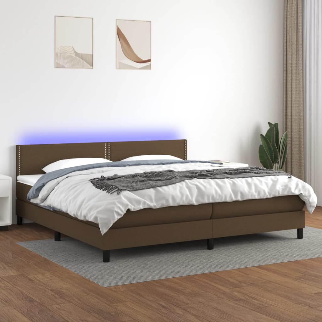 vidaXL Cama box spring colchón luces LED tela marrón oscuro 200x200 cm