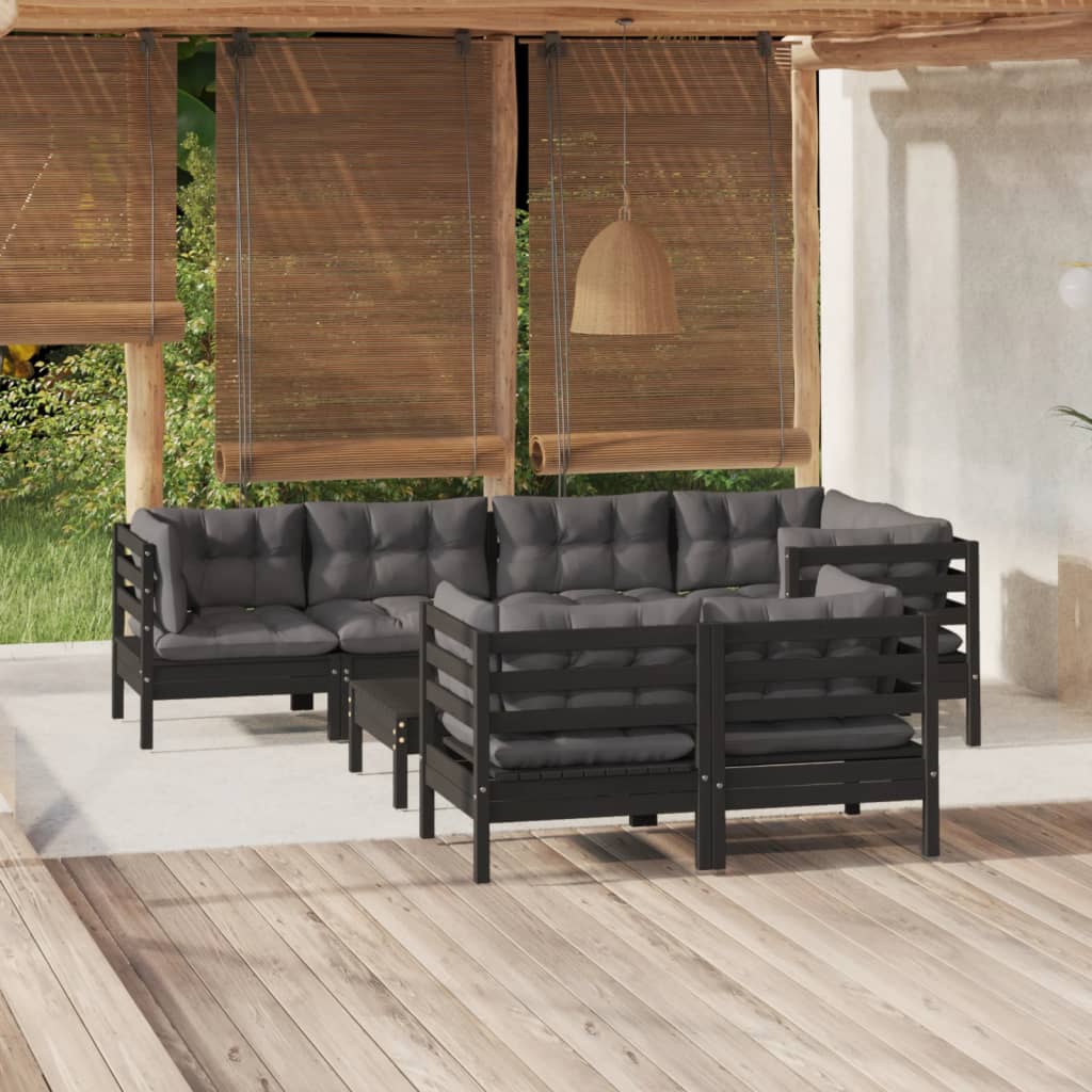 vidaXL Muebles de jardín 8 pzas con cojines negro madera maciza pino