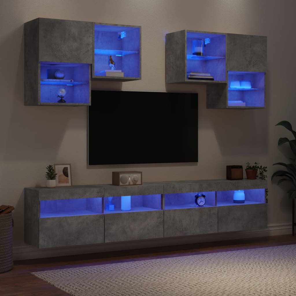 vidaXL Muebles de TV de pared con luces LED 6 piezas gris hormigón