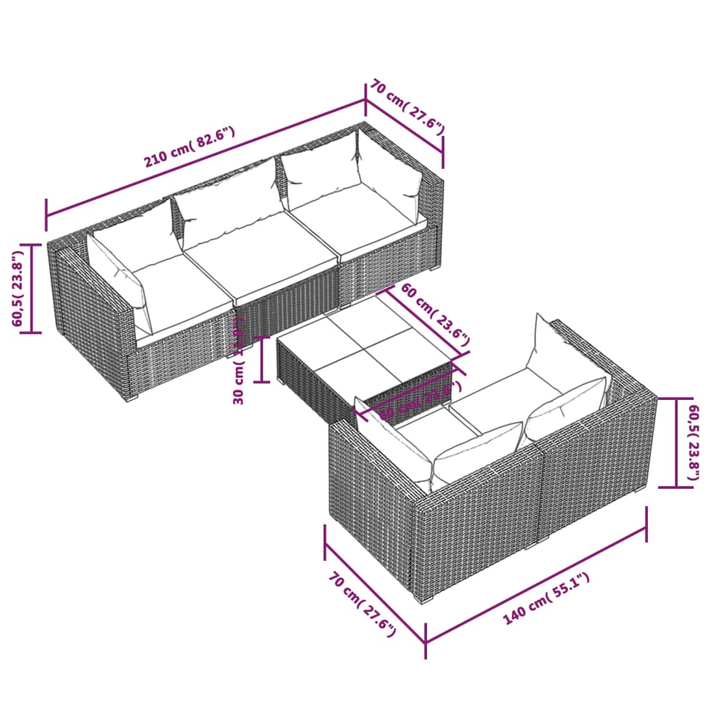 vidaXL Set muebles de jardín 6 piezas y cojines ratán sintético marrón