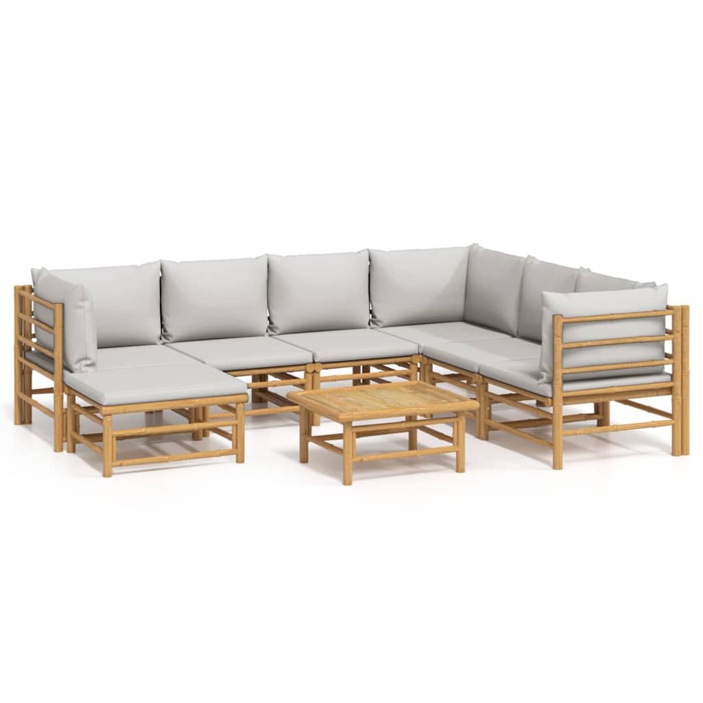 vidaXL Set de muebles de jardín 8 piezas bambú y cojines gris claro