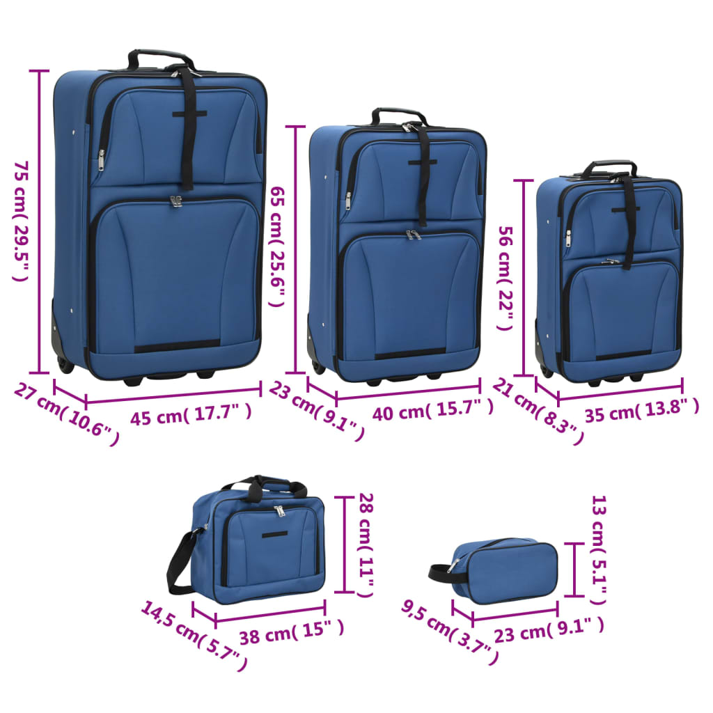 vidaXL Juego de maletas de viaje de 5 piezas tela azul