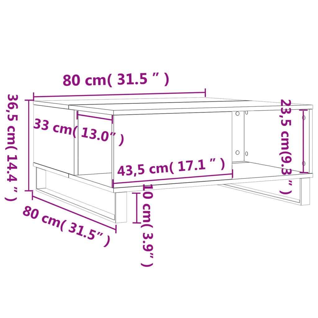 vidaXL Mesa de centro madera contrachapada gris hormigón 80x80x36,5 cm