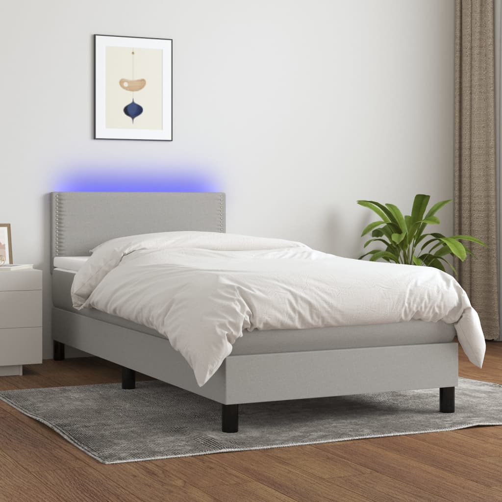 vidaXL Cama box spring colchón y luces LED tela gris claro 90x200 cm