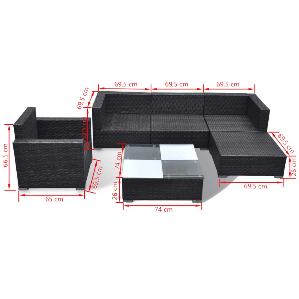 vidaXL Set muebles de jardín 6 piezas y cojines ratán sintético negro
