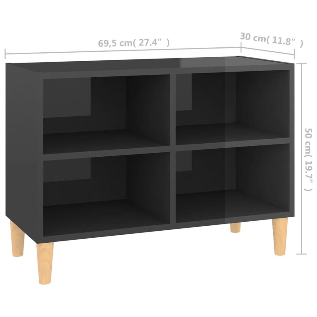 vidaXL Mueble de TV patas de madera maciza gris brillo 69,5x30x50 cm