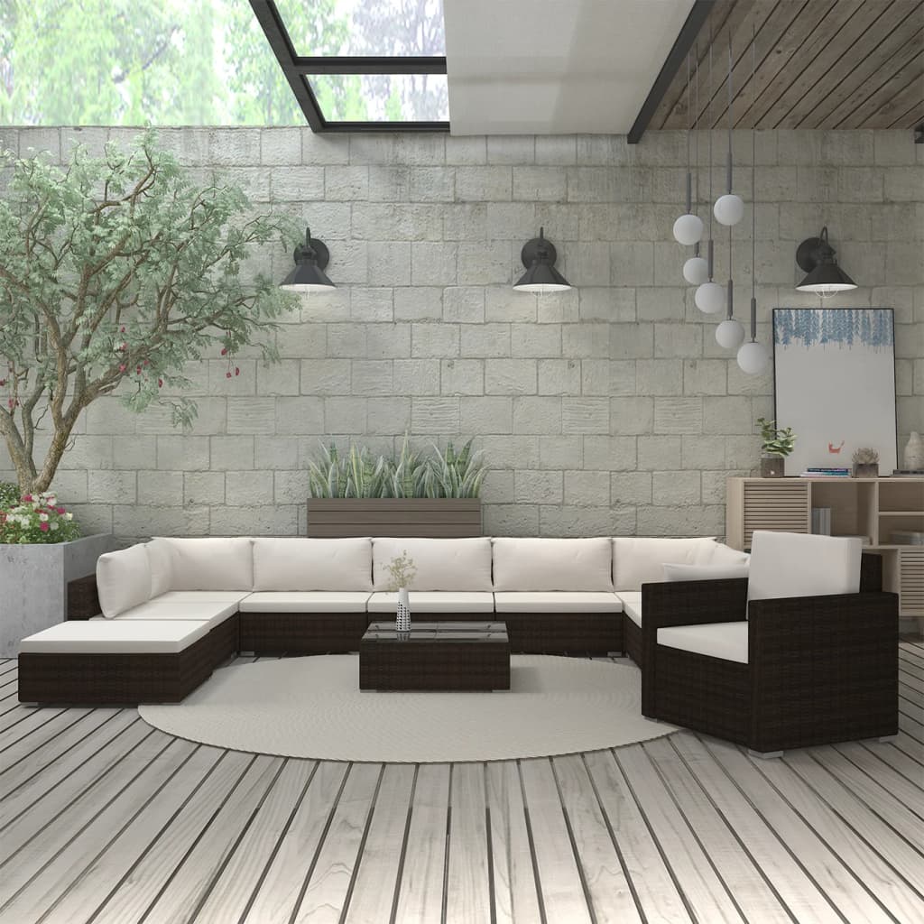vidaXL Set muebles de jardín 11 piezas con cojines ratán sintético marrón