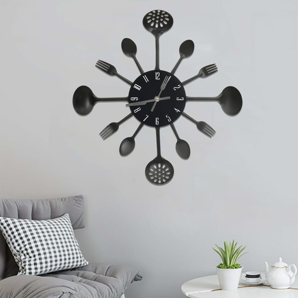 vidaXL Reloj de pared diseño cuchara y tenedor negro 40 cm aluminio