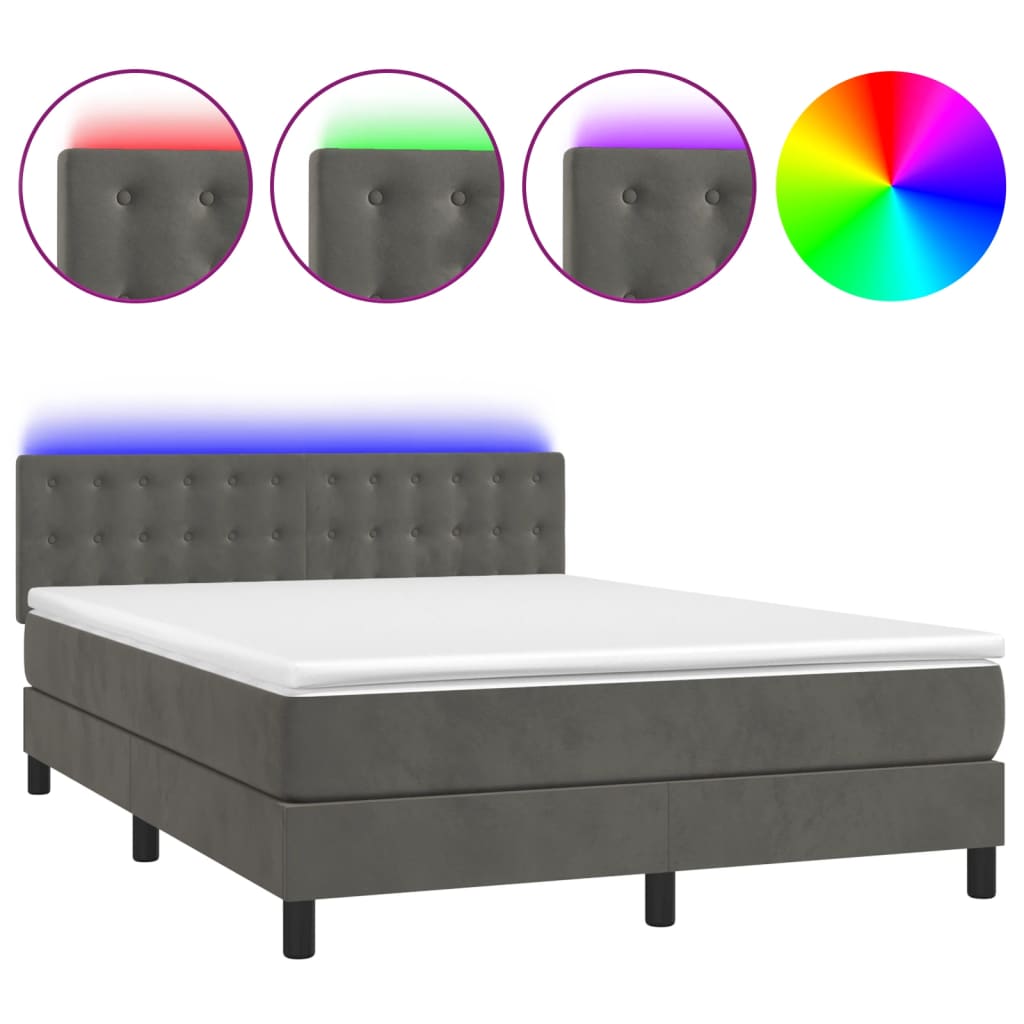 vidaXL Cama box spring colchón y LED terciopelo gris oscuro 140x200 cm