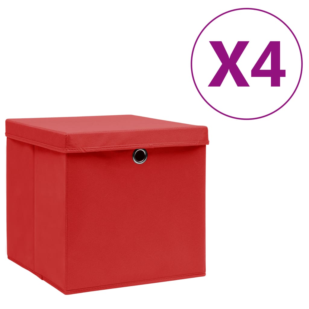 vidaXL Cajas de almacenaje con tapas 4 uds rojo 28x28x28 cm