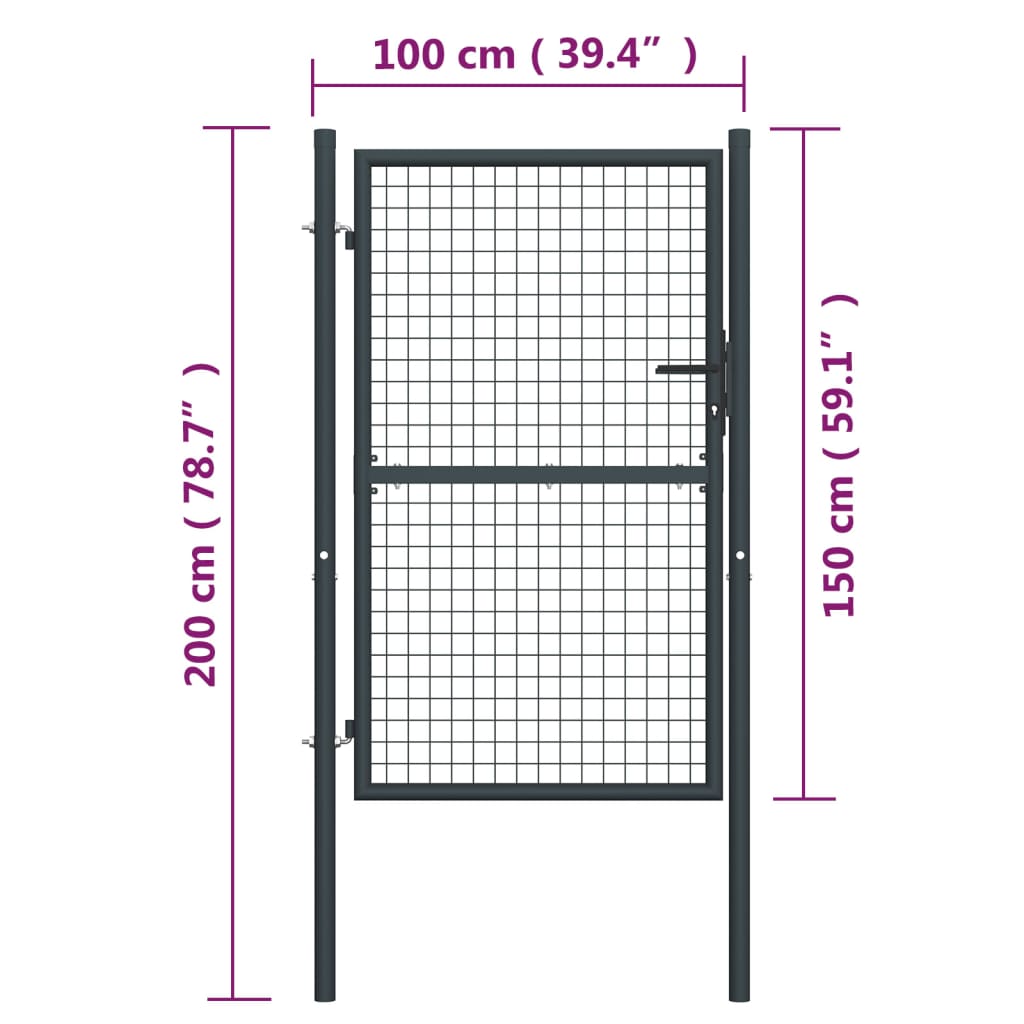 vidaXL Puerta de malla de jardín acero galvanizado gris 100x200 cm