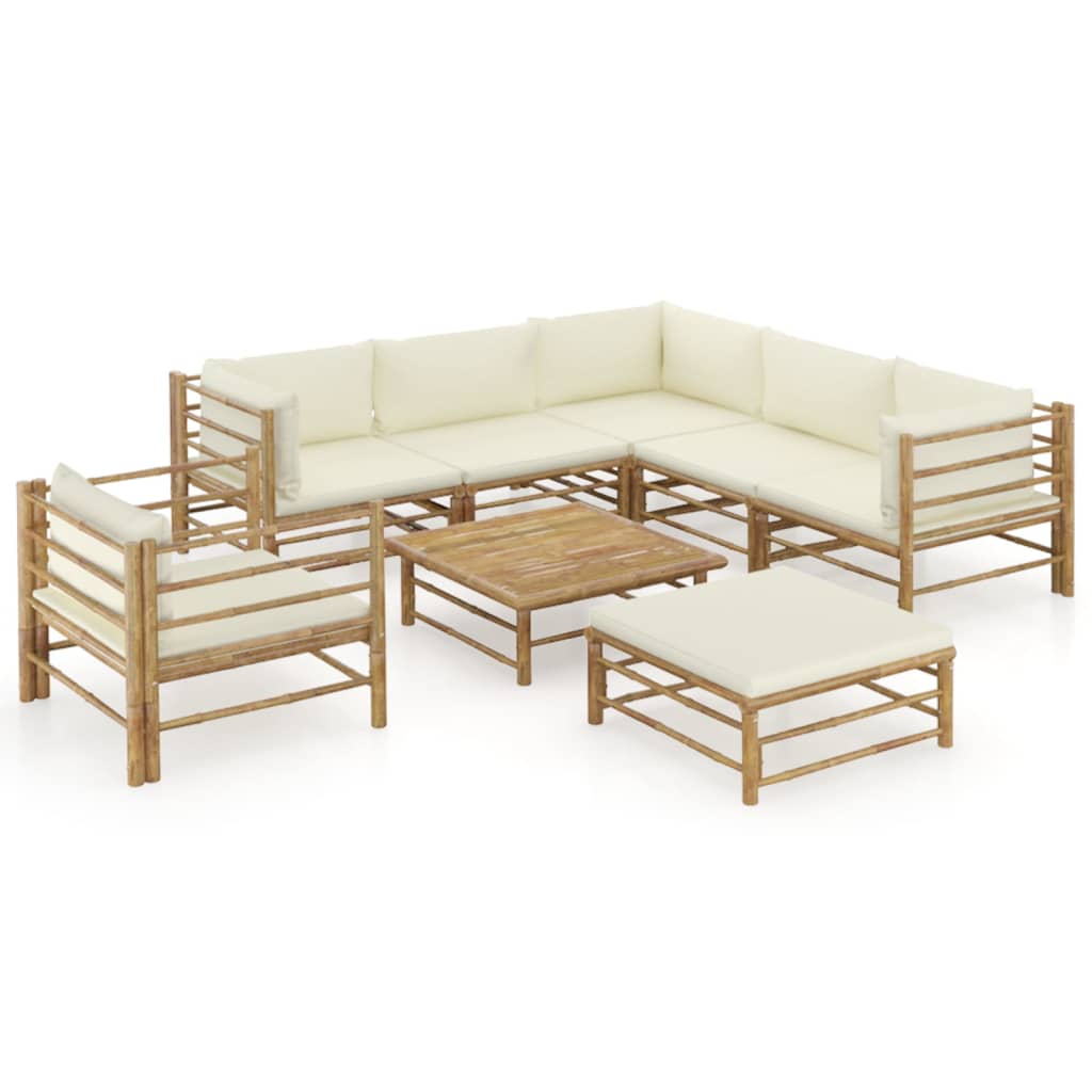 vidaXL Set de muebles de jardín 8 piezas bambú y cojines blanco crema