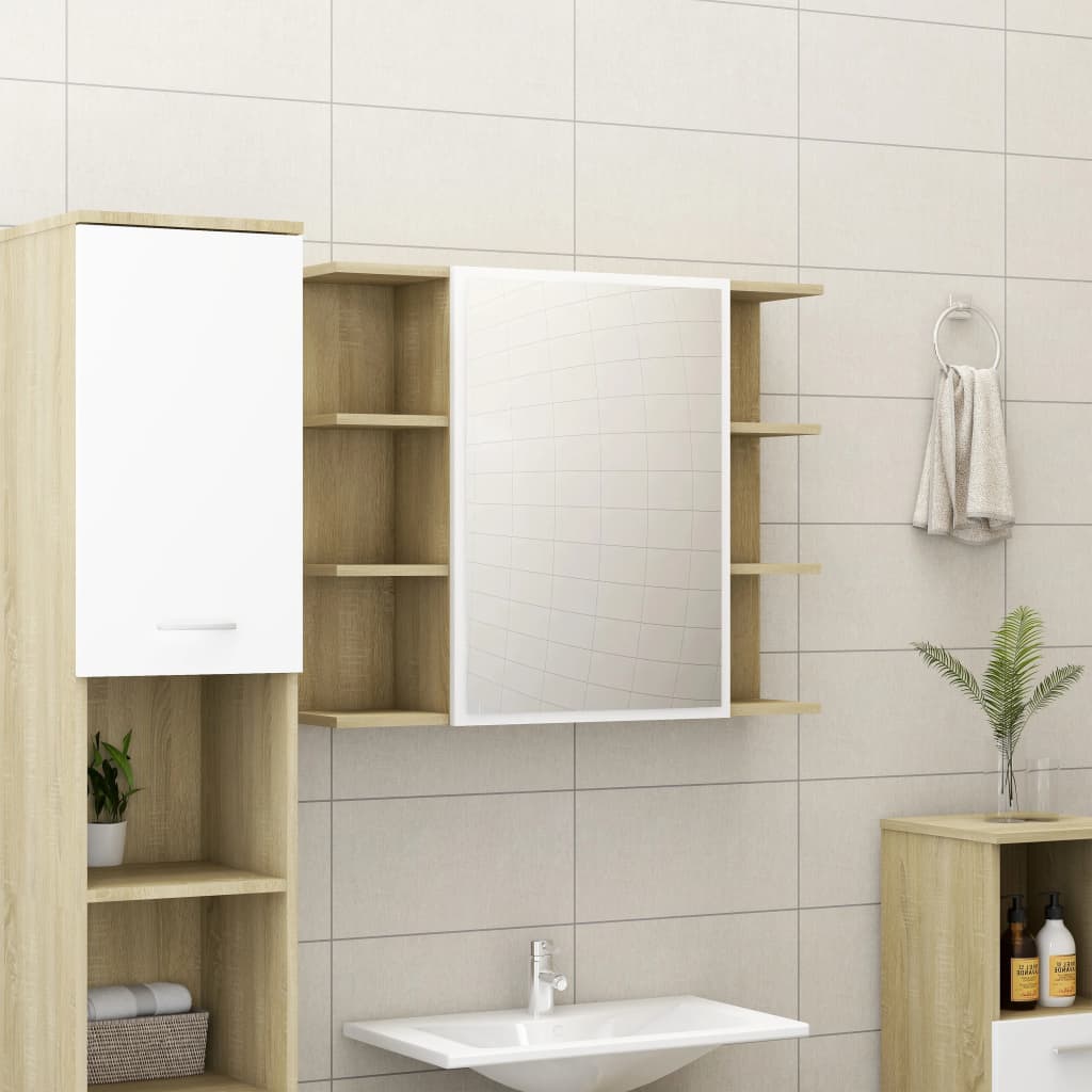 vidaXL Armario espejo baño contrachapada blanco y roble 80x20,5x64 cm