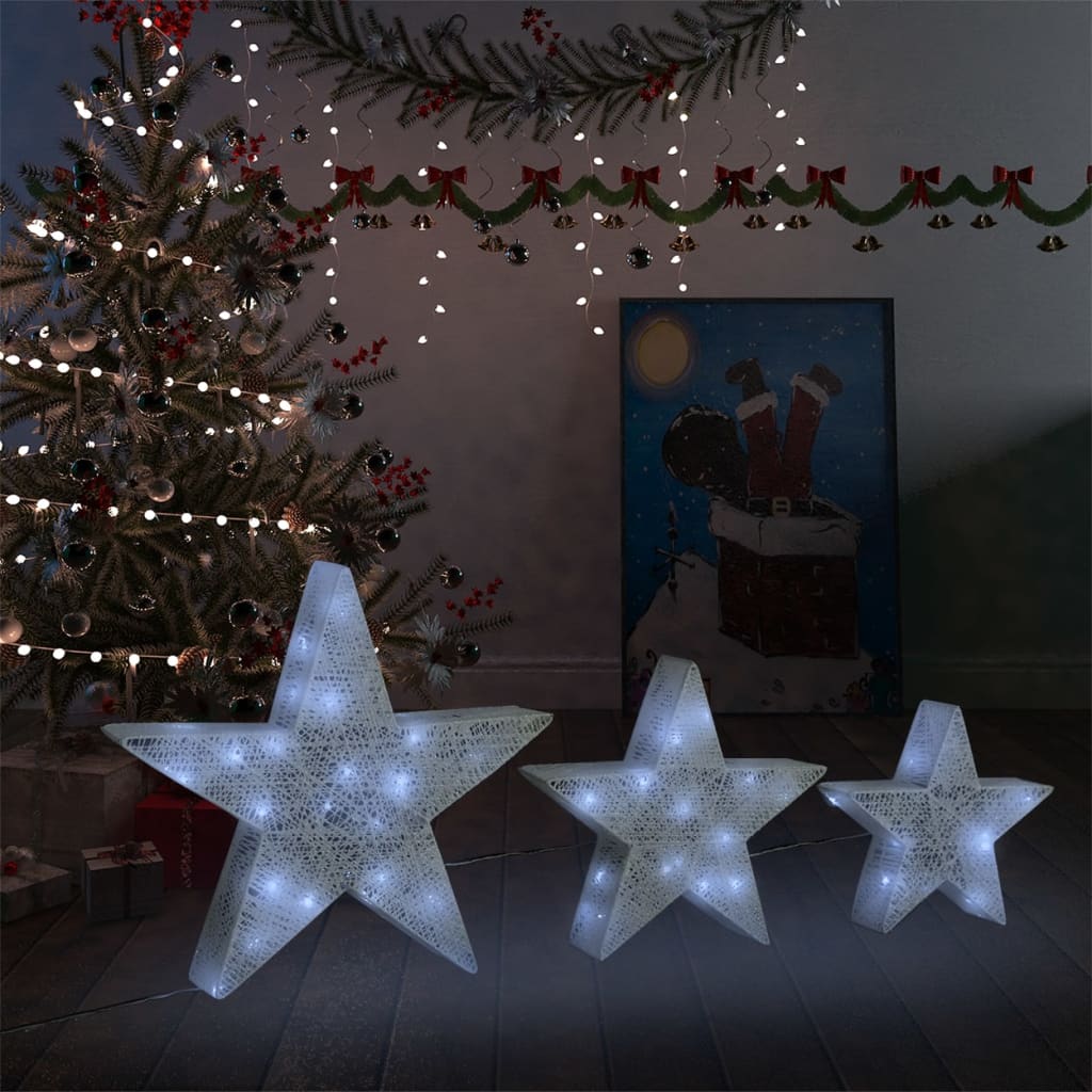 vidaXL Estrellas decoración navideña 3 piezas LED malla blanca