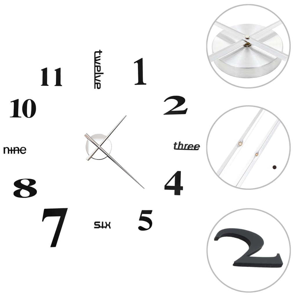 vidaXL Reloj 3D de pared con diseño moderno 100 cm XXL negro