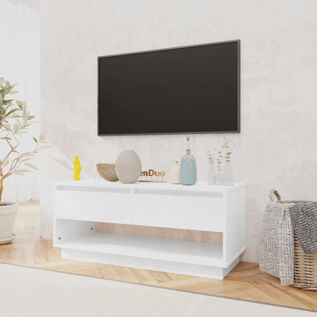vidaXL Mueble para TV madera contrachapada blanco brillo 102x41x44 cm
