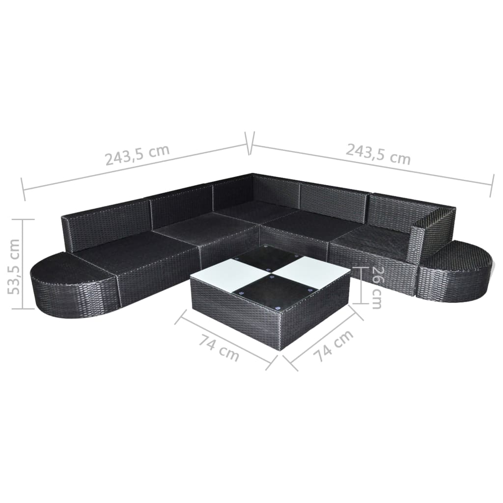 vidaXL Set muebles de jardín 8 piezas y cojines ratán sintético negro
