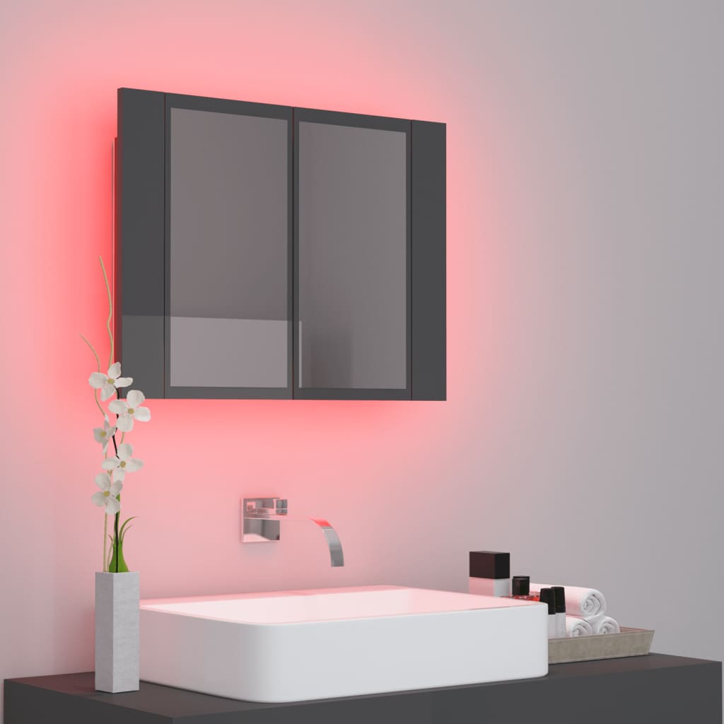 vidaXL Armario espejo de baño luz LED acrílico gris brillo 60x12x45 cm