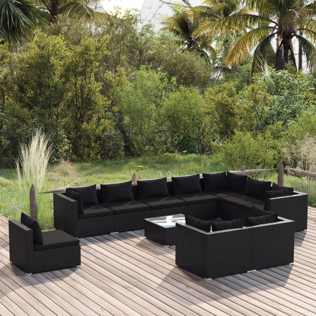 vidaXL Set de muebles de jardín 11 pzs y cojines ratán sintético negro