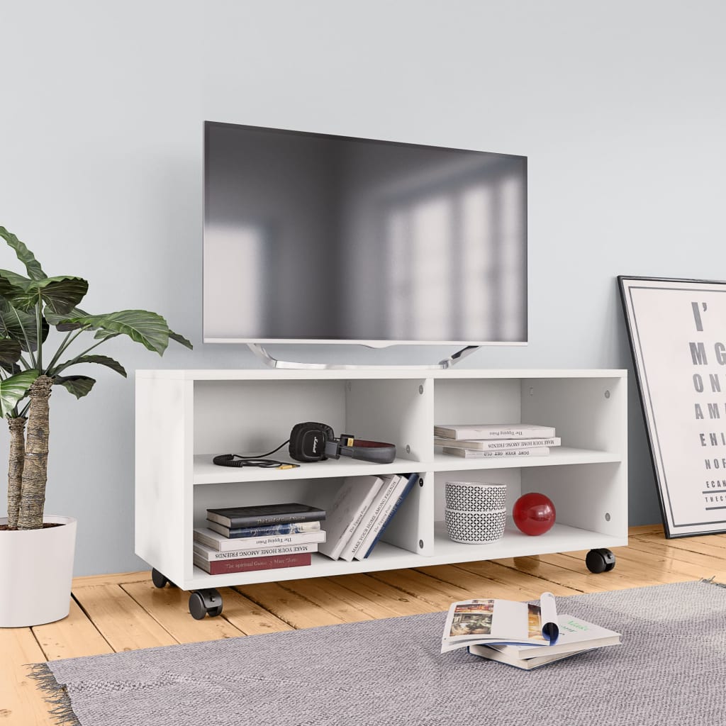 vidaXL Mueble de TV con ruedas madera contrachapada blanco 90x35x35 cm