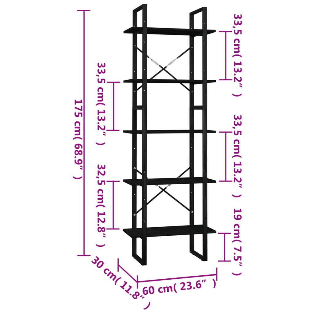 vidaXL Estantería 5 niveles madera de pino negro 60x30x175 cm