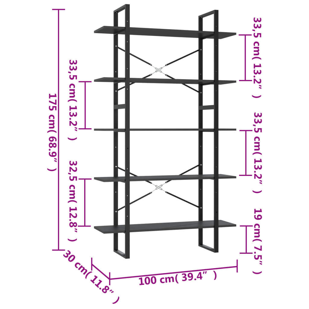 vidaXL Estantería 5 niveles madera ingeniería gris 100x30x175 cm