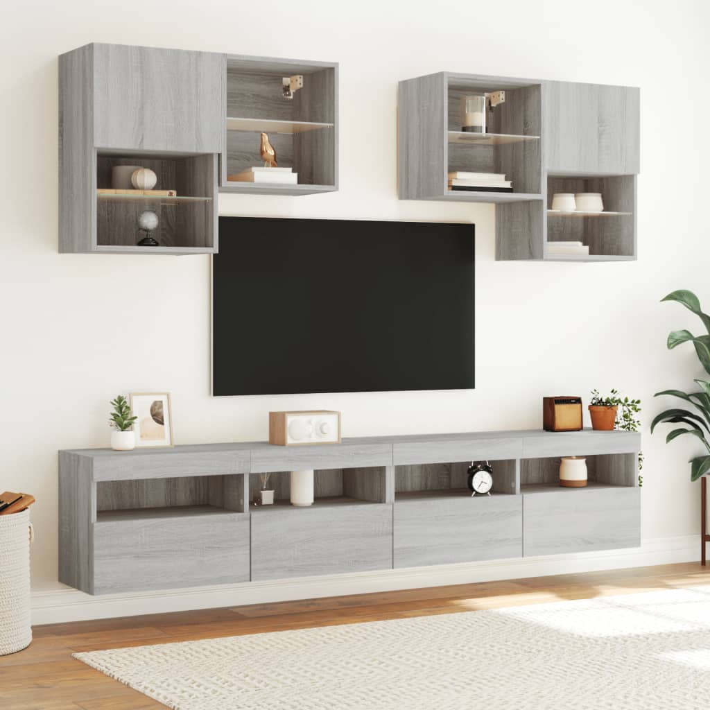 vidaXL Muebles de TV de pared con luces LED 6 piezas gris sonoma