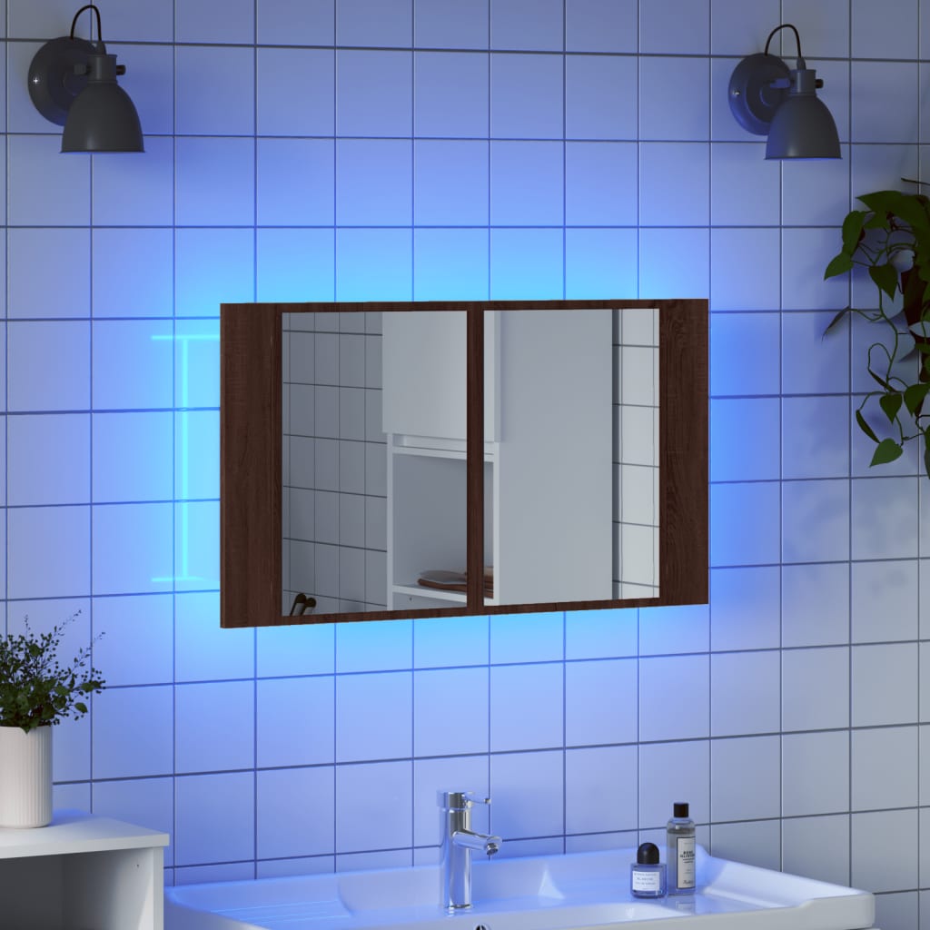 vidaXL Armario espejo de baño LED acrílico marrón roble 80x12x45 cm
