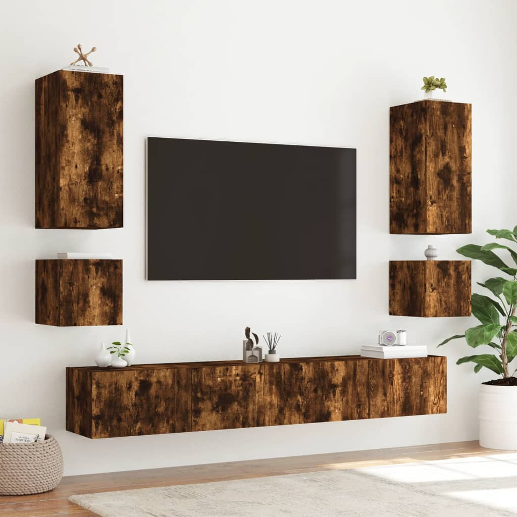 vidaXL Muebles de TV de pared con luces LED 6 piezas roble ahumado