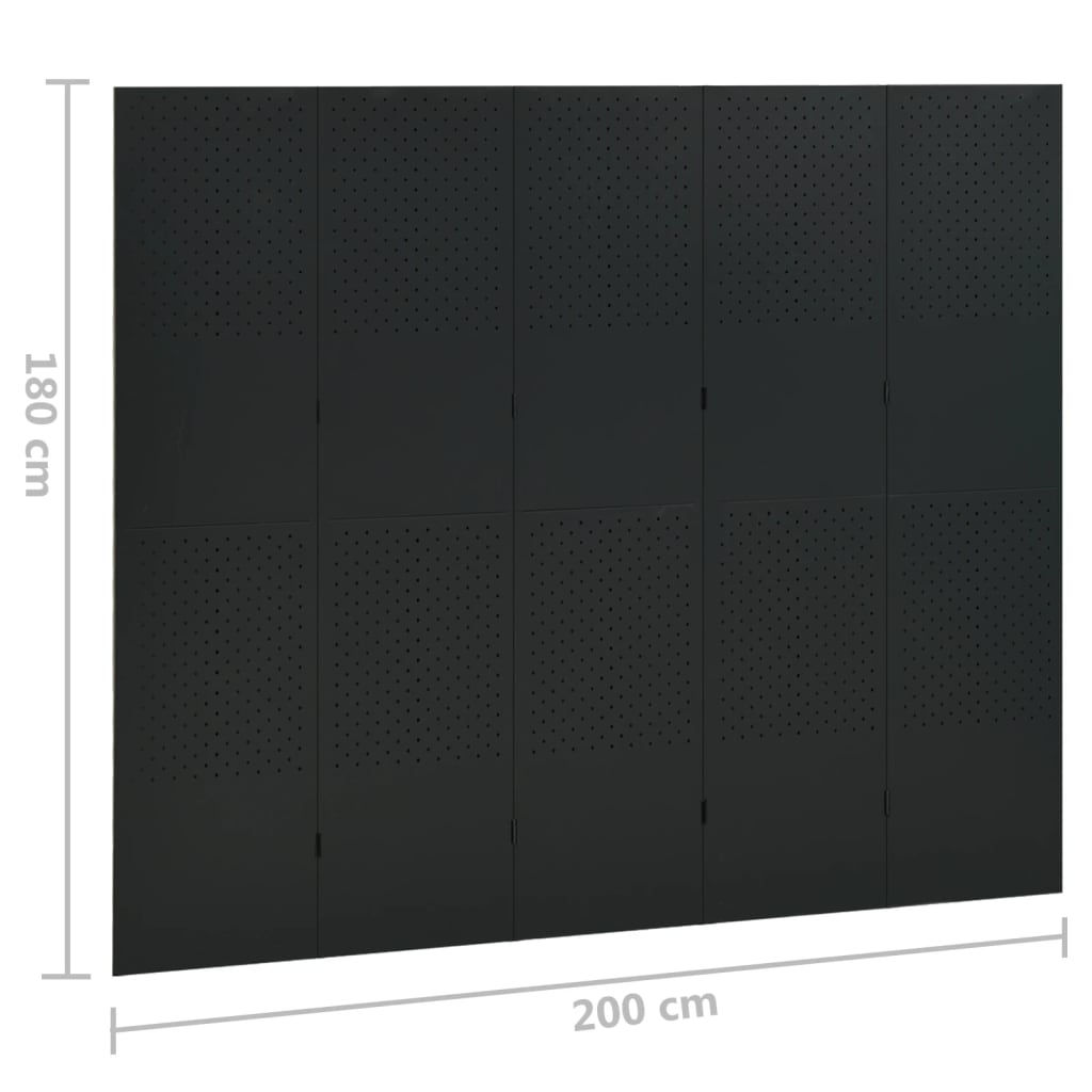 vidaXL Biombo divisor de 5 paneles acero negro 200x180 cm