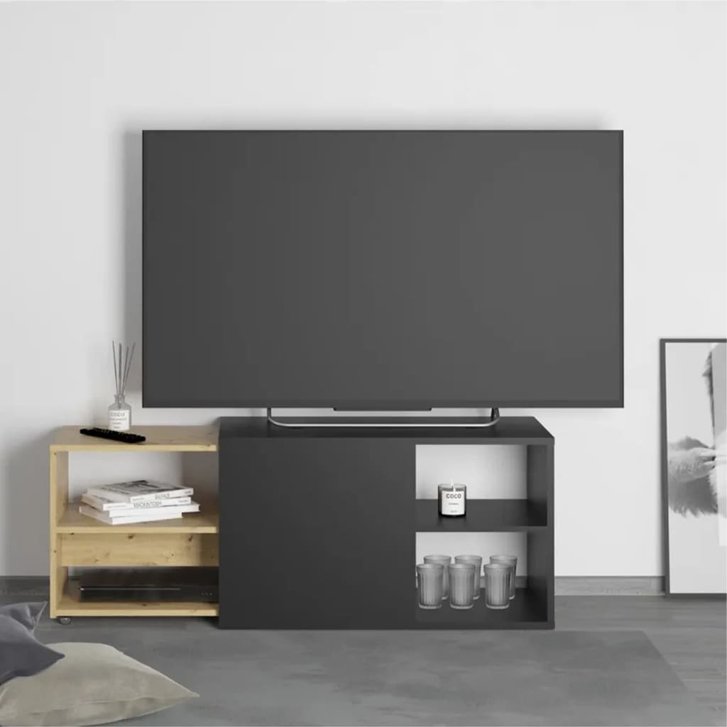 FMD Mueble de TV con 2 compartimentos abiertos negro y roble