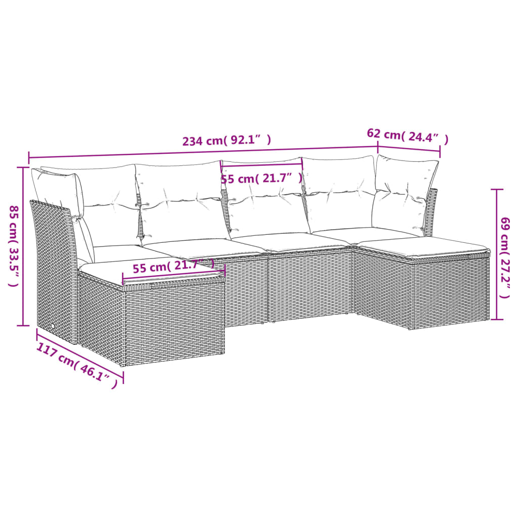 vidaXL Set de muebles de jardín 6 pzas y cojines ratán sintético gris