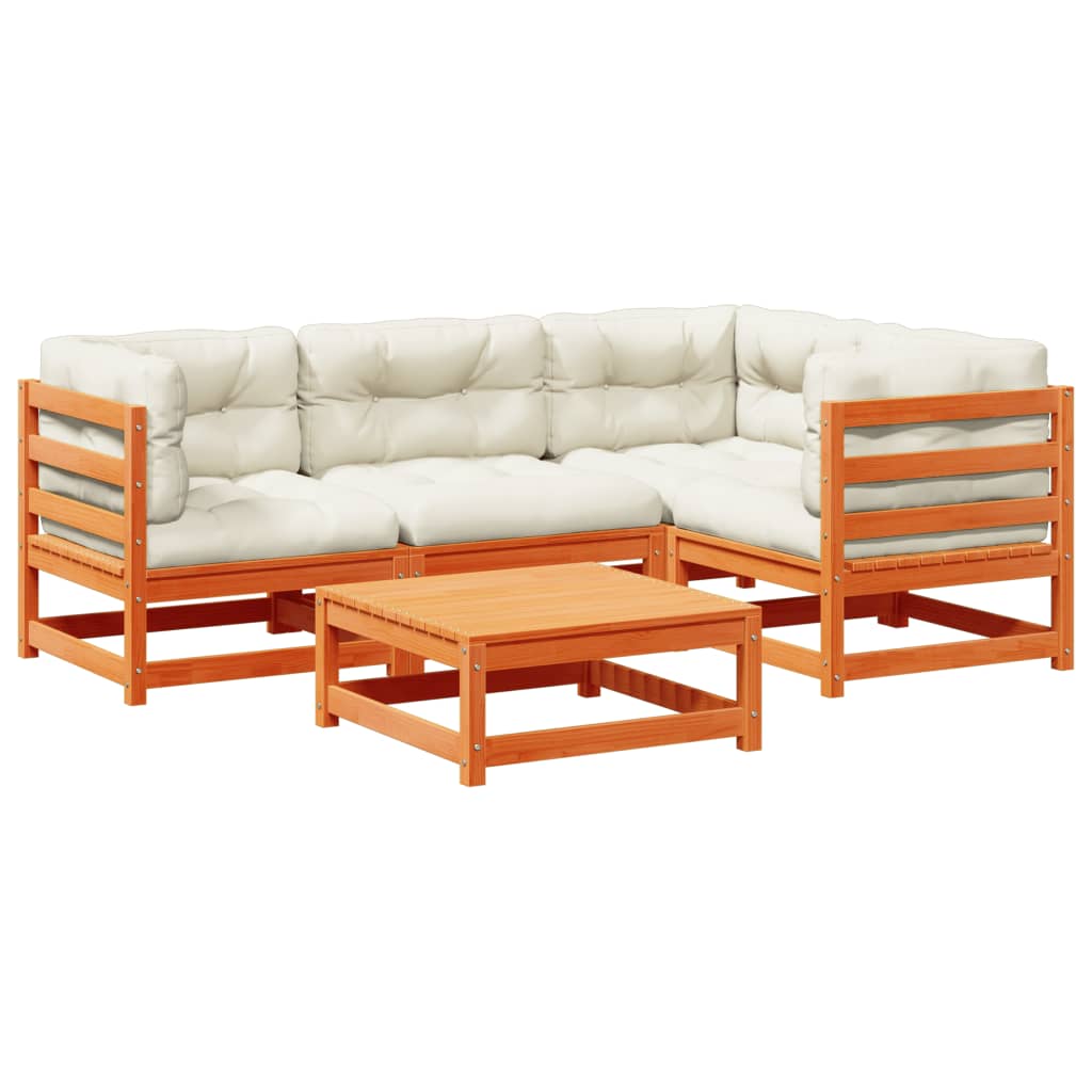vidaXL Set de sofás jardín 5 pzas con cojines madera pino marrón cera