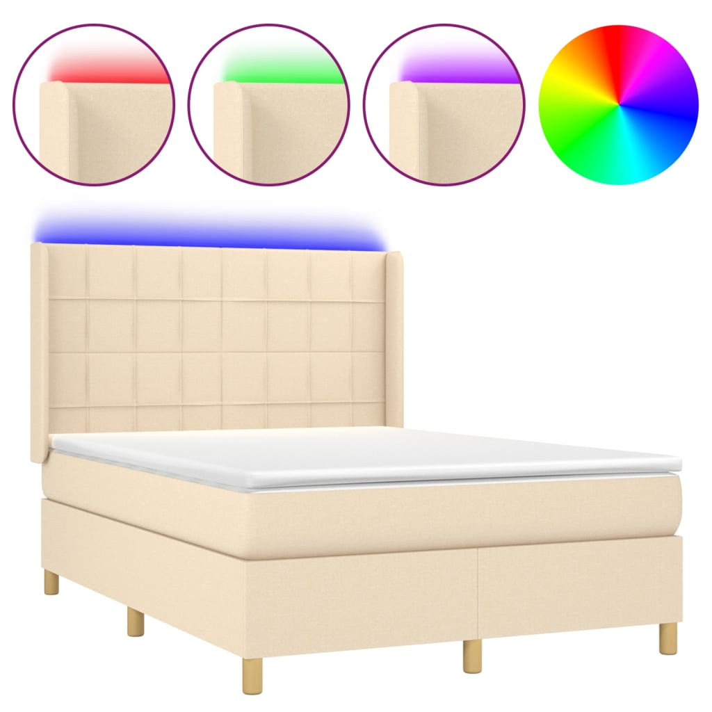 vidaXL Cama box spring colchón y luces LED tela crema 140x190 cm