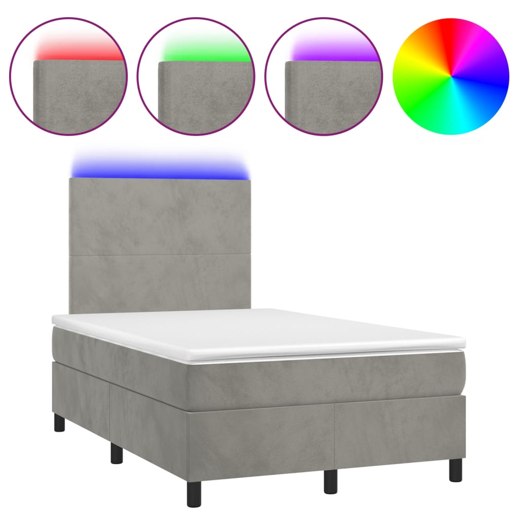 vidaXL Cama box spring colchón y LED terciopelo gris claro 120x200 cm